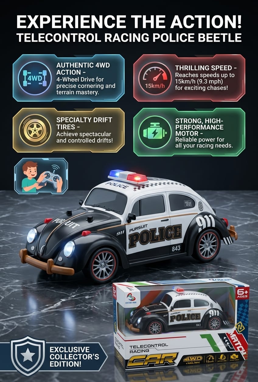 Telecontrol Racing Police Beetle RC Car – 4WD Remote Control Drift Car with Lights