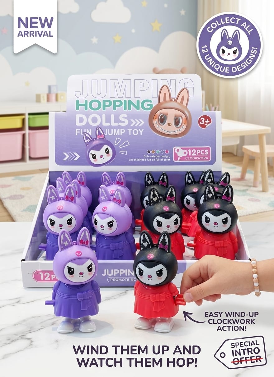 Jumping Hopping Dolls - Clockwork Fun Jump Toy (12-Piece Assortment Display Box)