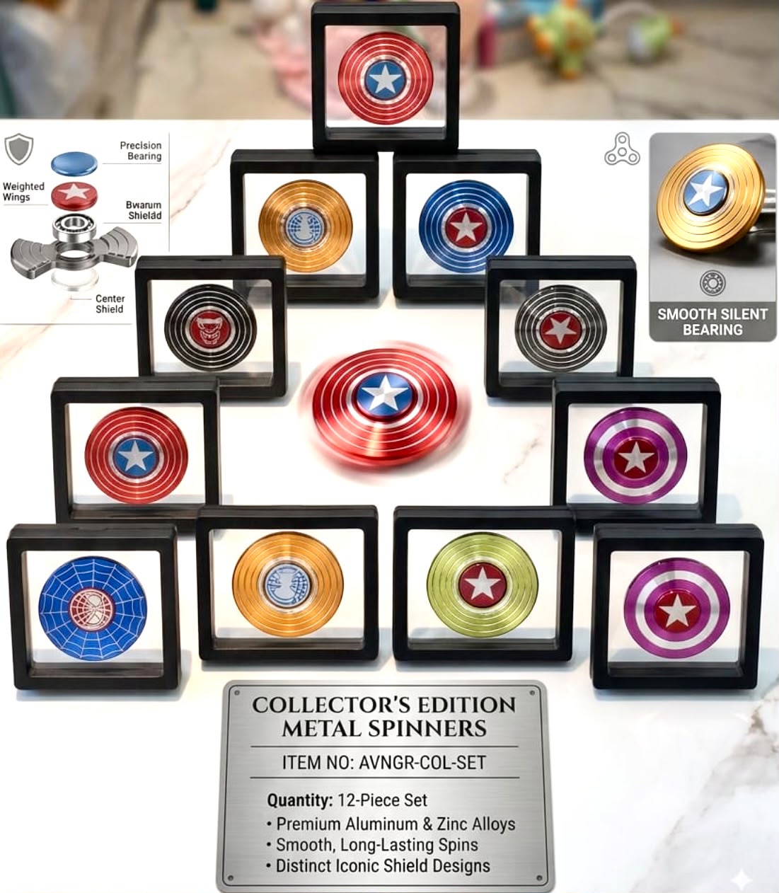 Collector’s Edition Metal Fidget Spinners (12-Piece Iconic Shield Set)