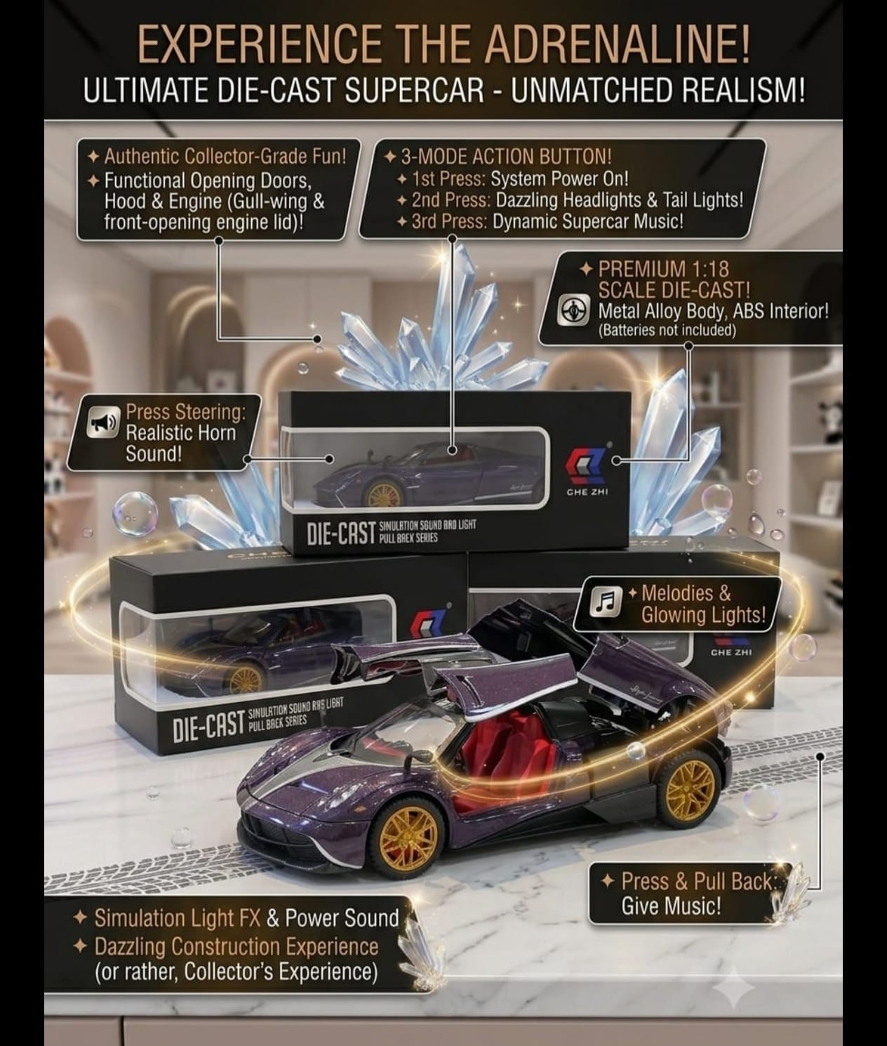 CHE ZHI 1:18 Scale Die-Cast Supercar Model with Lights, Sound & Opening Doors – Purple